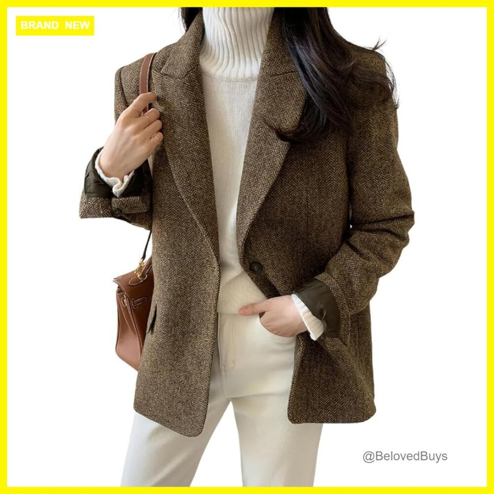 Wool Blend Blazer Jacket Long Sleeve Mid Thigh Length Work Business Casual